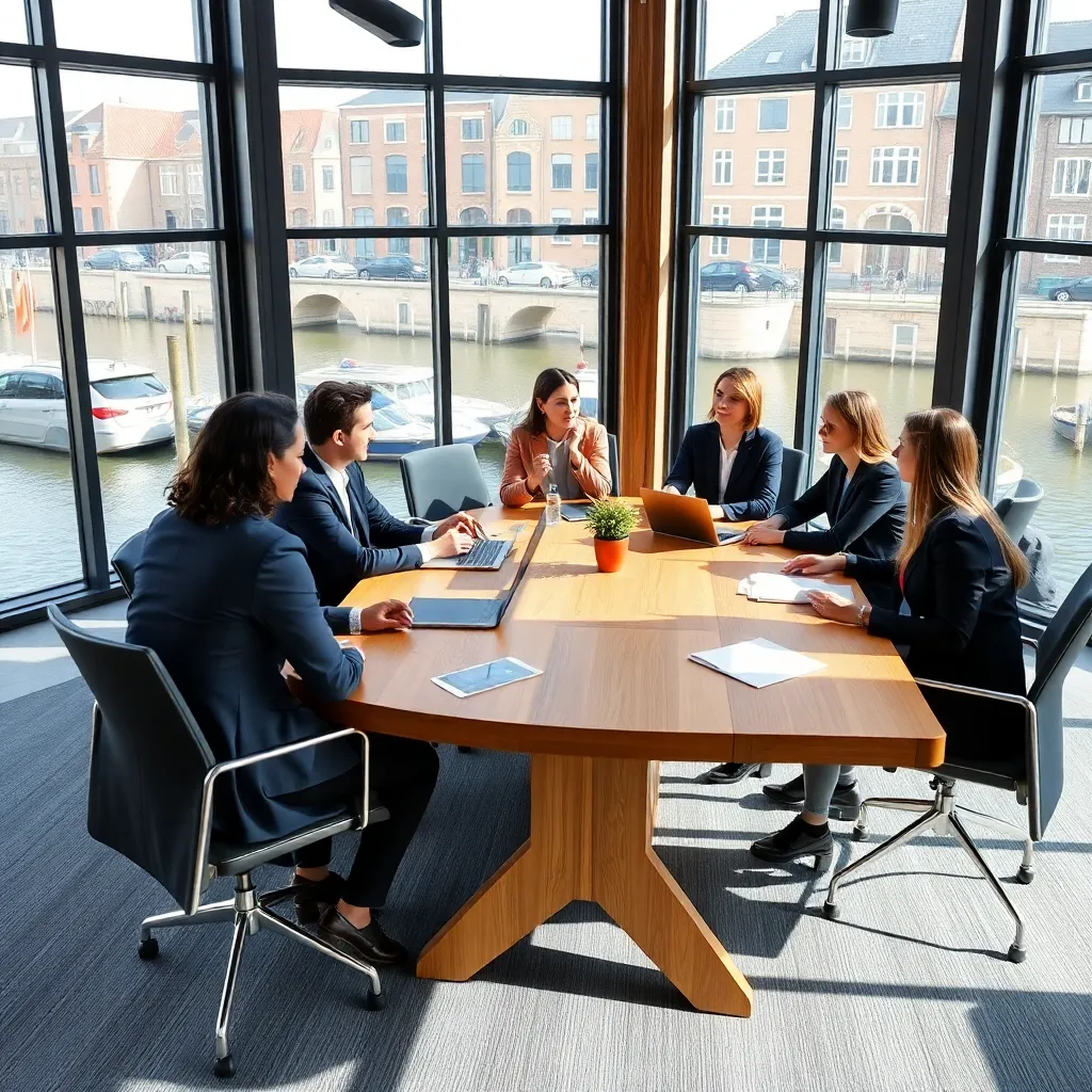 Diverse groep professionals in overleg rond een vergadertafel in een modern Nederlands kantoor